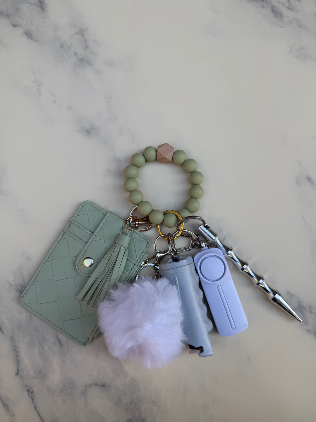 Sage green beaded wallet self-defense keychain