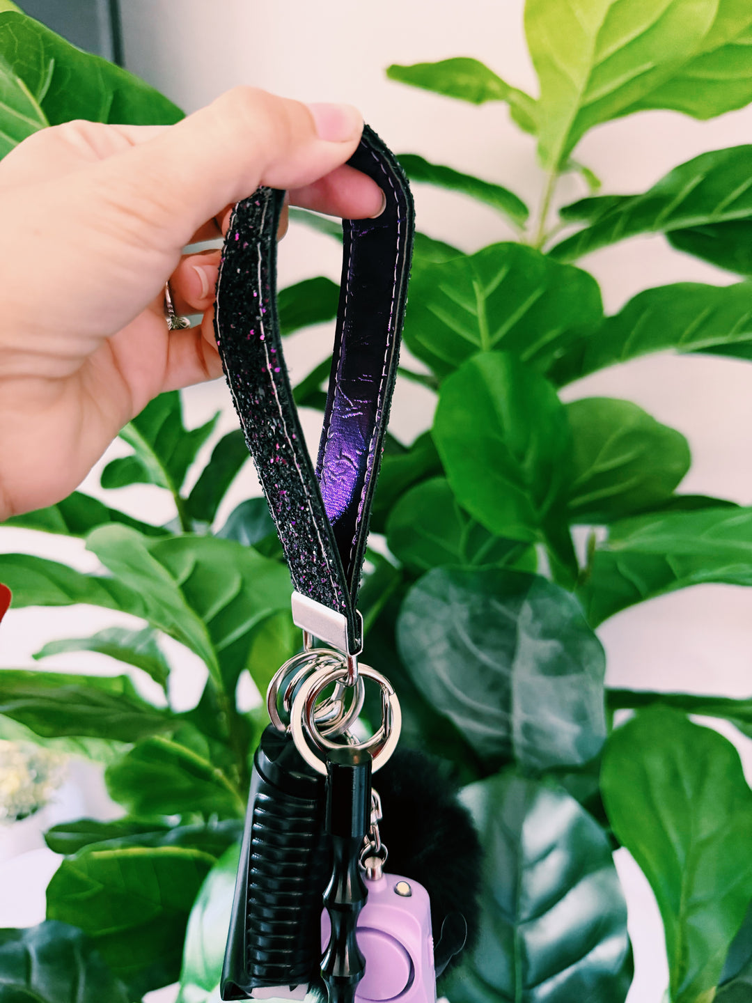 Handmade holographic purple glitter self-defense keychain