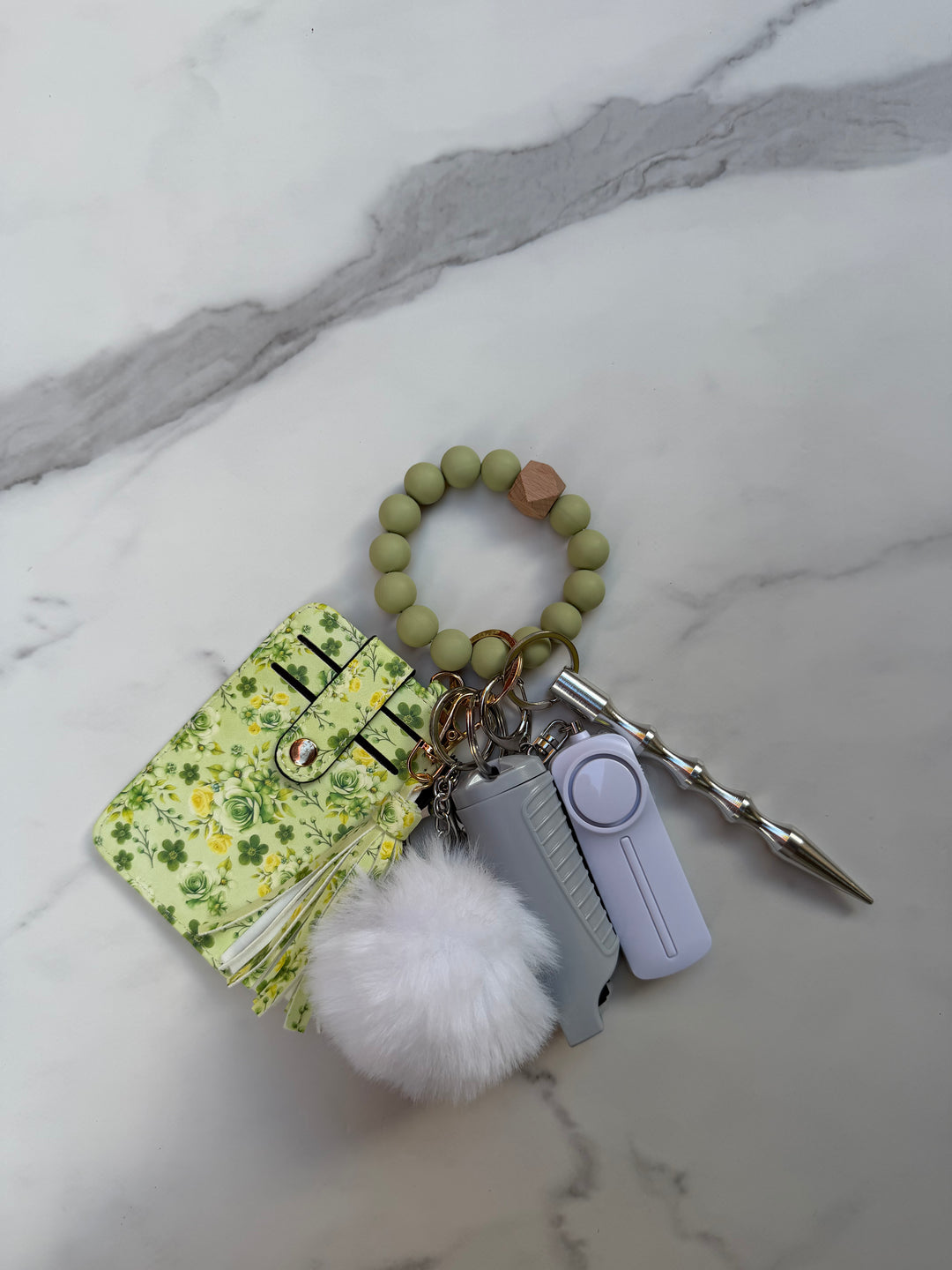 Green floral beaded wallet self-defense keychain