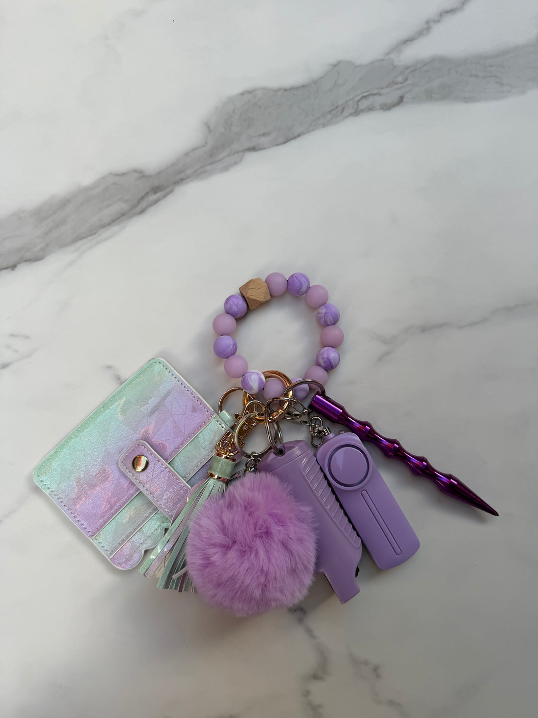 Lilac glow in the dark beaded wallet self-defense keychain