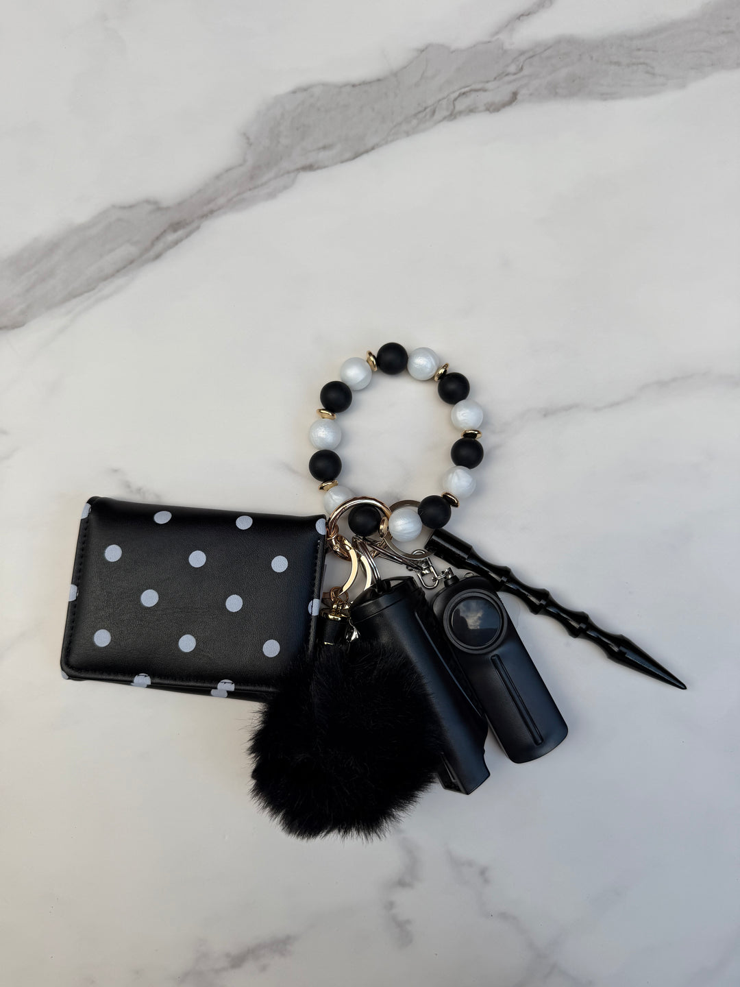 Black polkadot beaded wallet self-defense keychain