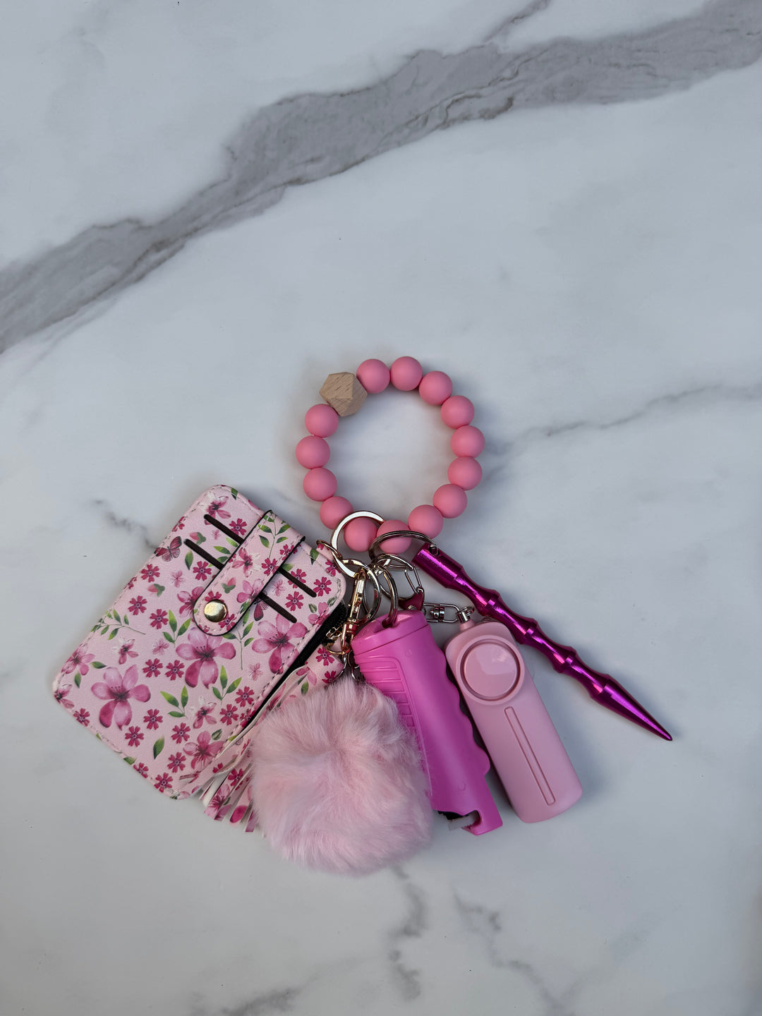 Pink floral beaded wallet self-defense keychain