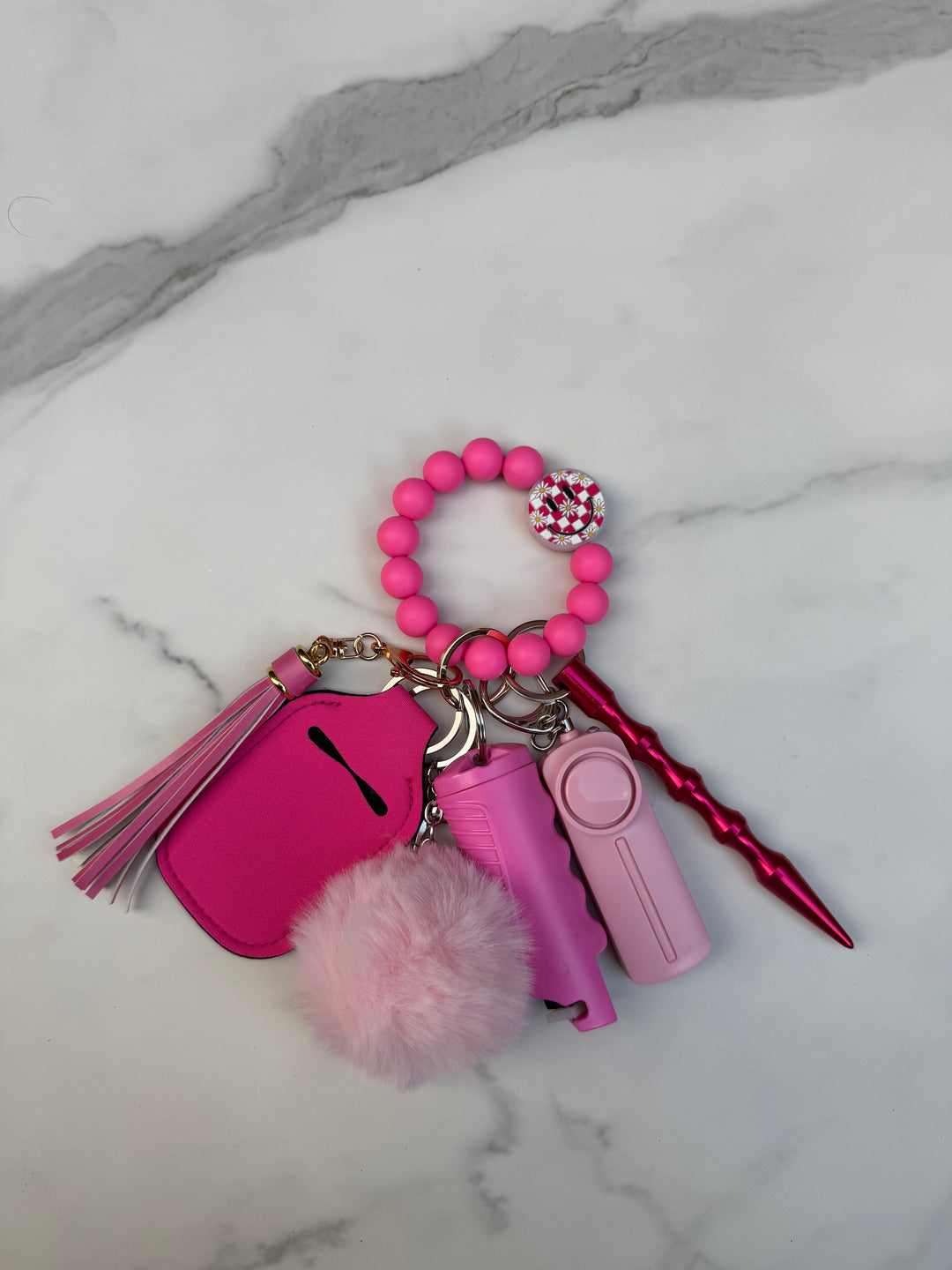 Hot pink smiley face beaded charm self-defense keychain