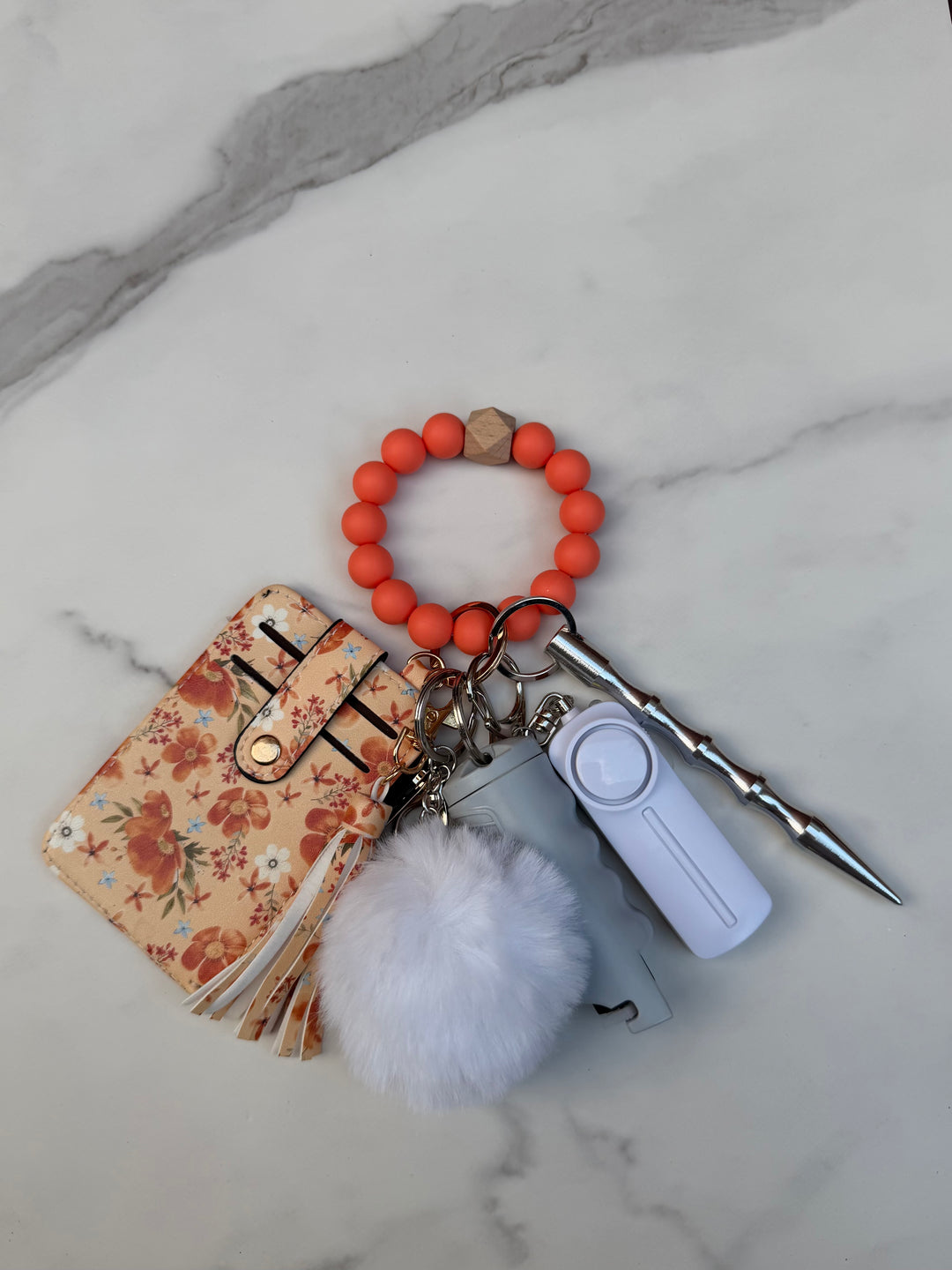 Orange floral beaded wallet self-defense keychain