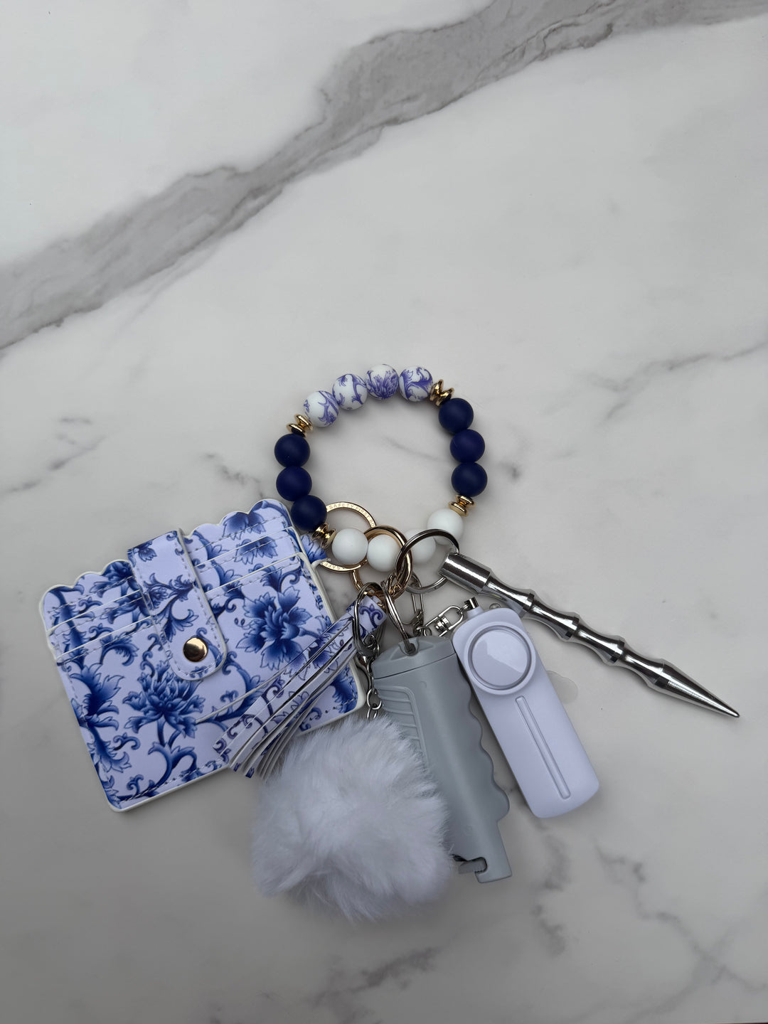 Dark blue floral beaded wallet self-defense keychain