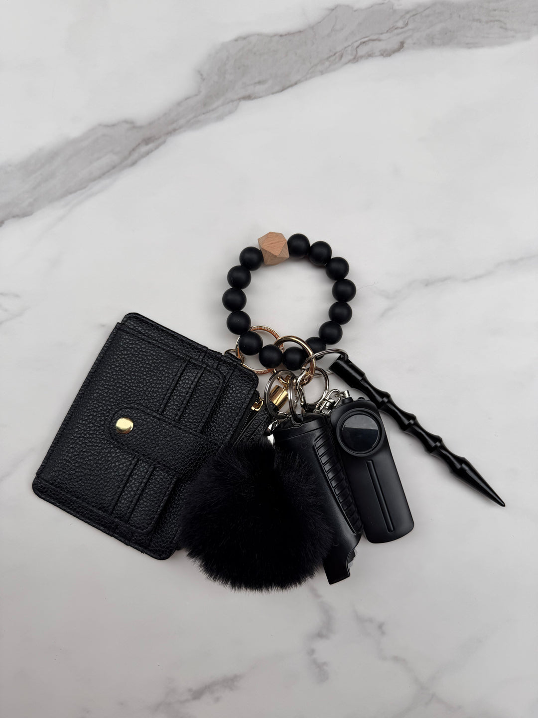 Black floral beaded wallet self-defense keychain